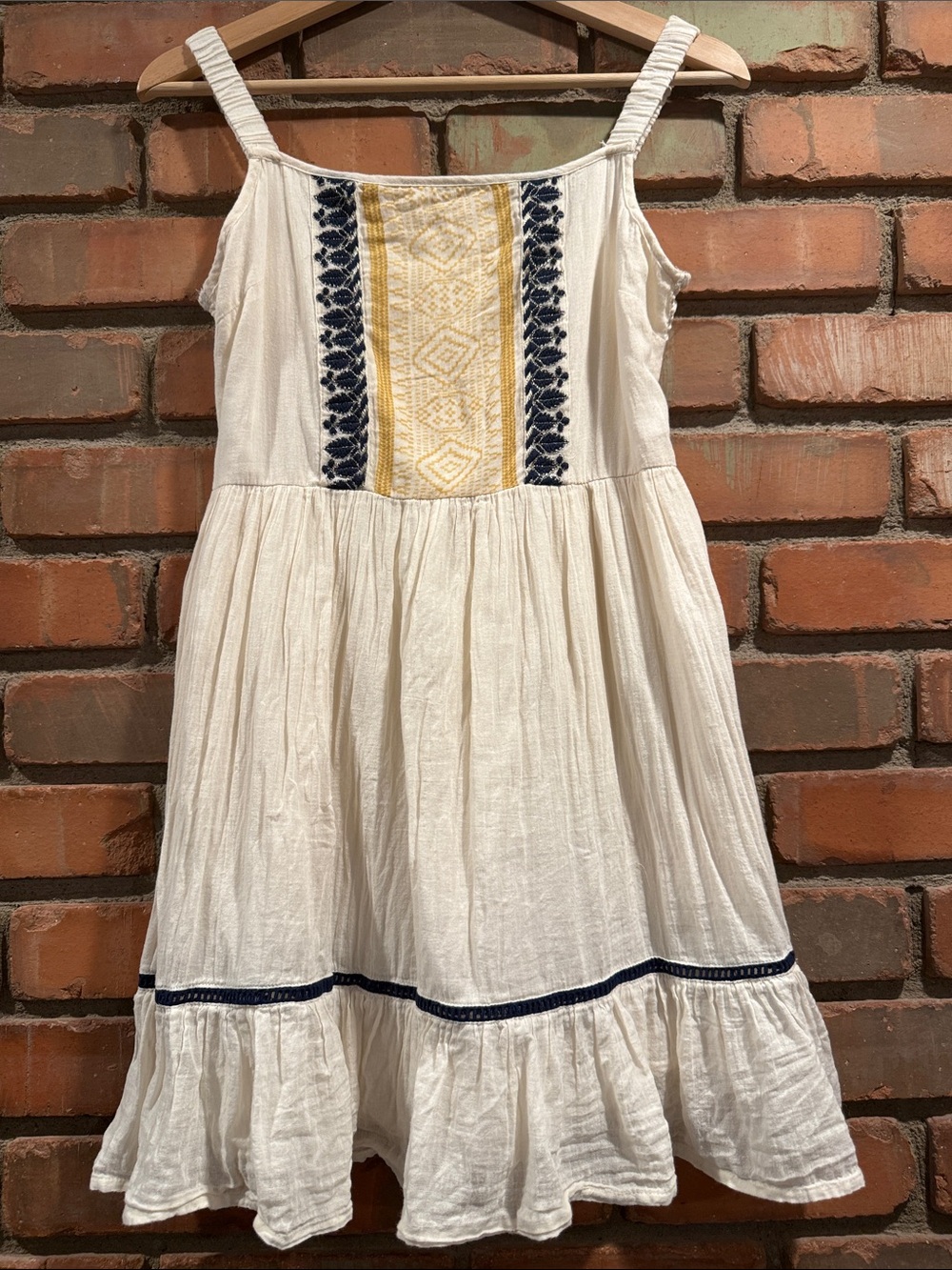 White Boho Embroidered Sundress with Navy and Yellow Accents